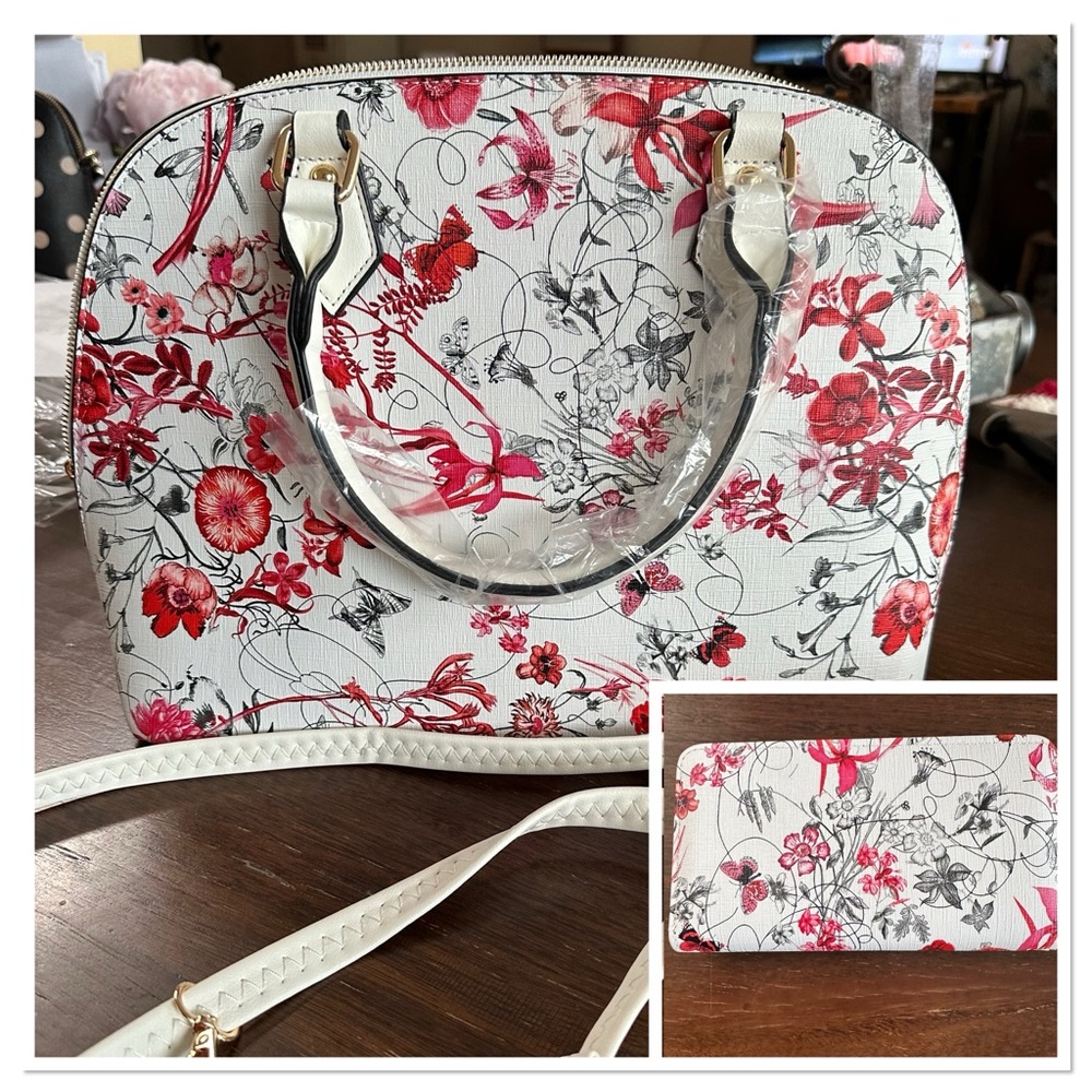 NWOT- Classy Boutique Bag w/ Matching Wallet. White w/ Black & Red Floral Print